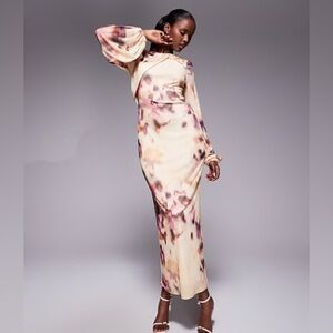 ASOS DESIGN long sleeve twist neck detail midi dress in beige smudged floral